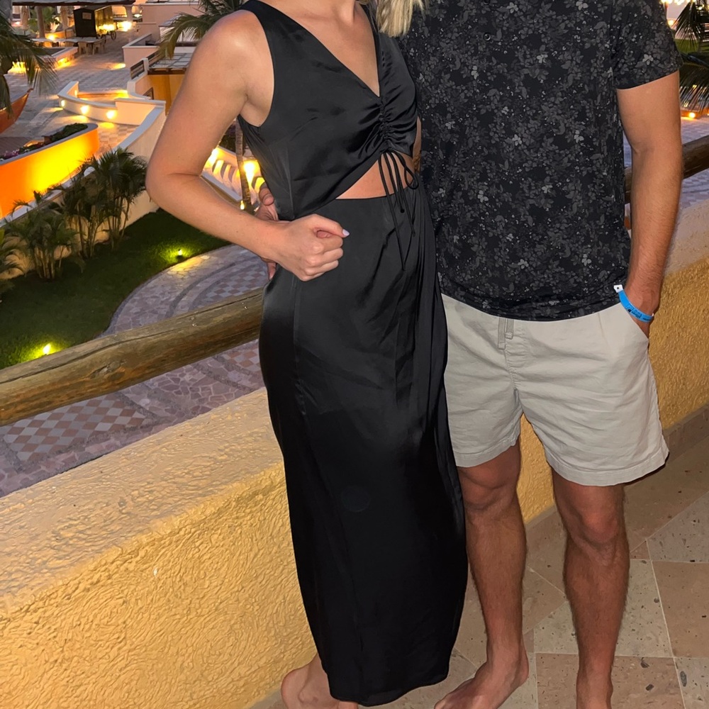 Black Satin Midi Dress with Cutout